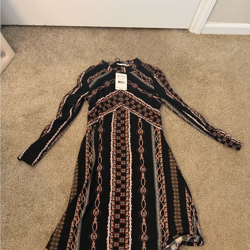 Free People Black Dress with Brown and Cream Geometric Stripes